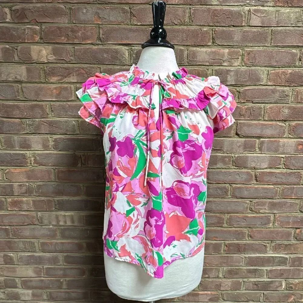 Meet Me In Santorini Womens Floral Ruffle Sleeve Tie Front Top Sz Small